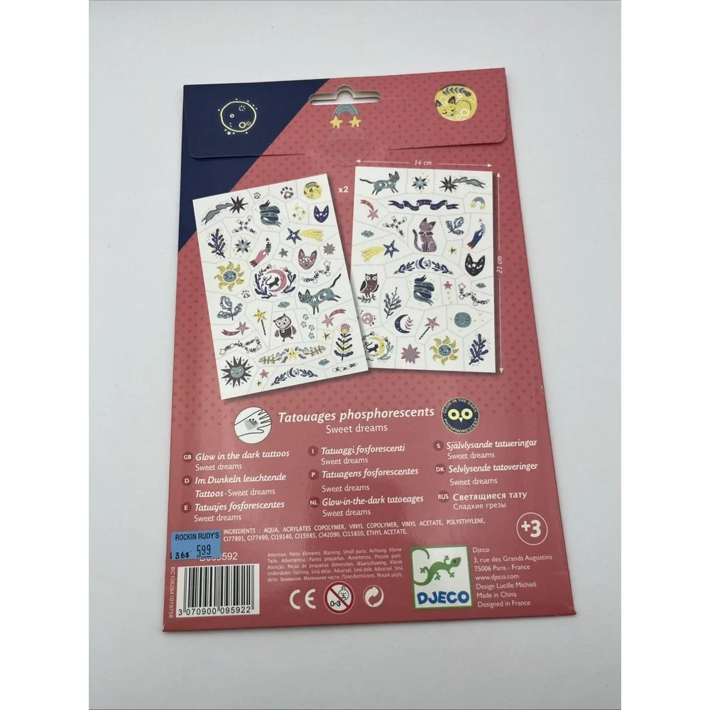 Djeco Glow In The Dark Temporary Tattoos Kids Animals Sun Moon Stars NEW